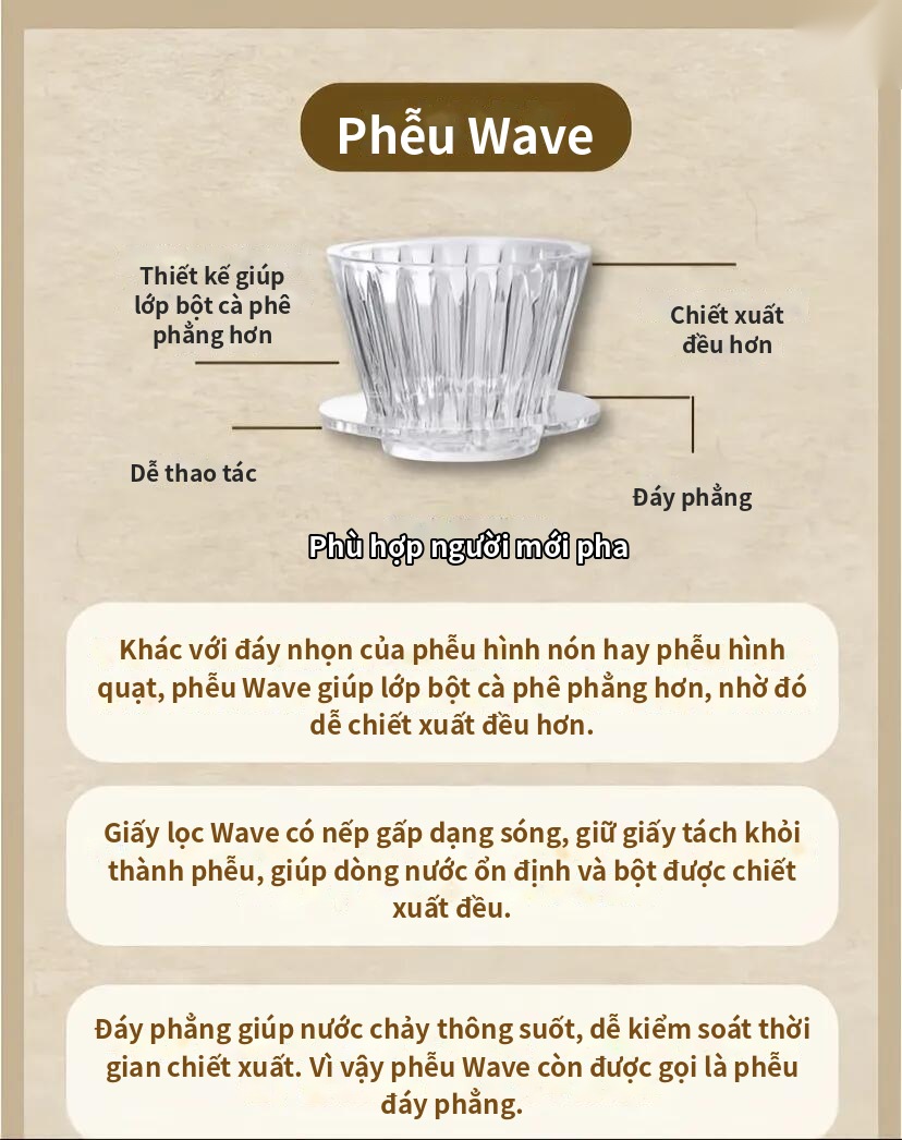 Phễu Wave đáy phẳng: lớp bột phẳng, chiết xuất đều, dễ thao tác