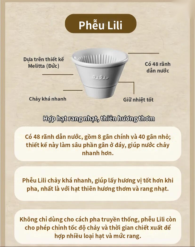 Phễu Lili: 48 rãnh dẫn nước, chảy nhanh, hợp hạt rang nhạt