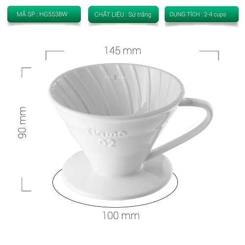 Phễu sứ Tiamo V60 02 màu trắng mã HG5538W với kích thước miệng 145mm, cao 90mm, đế 100mm