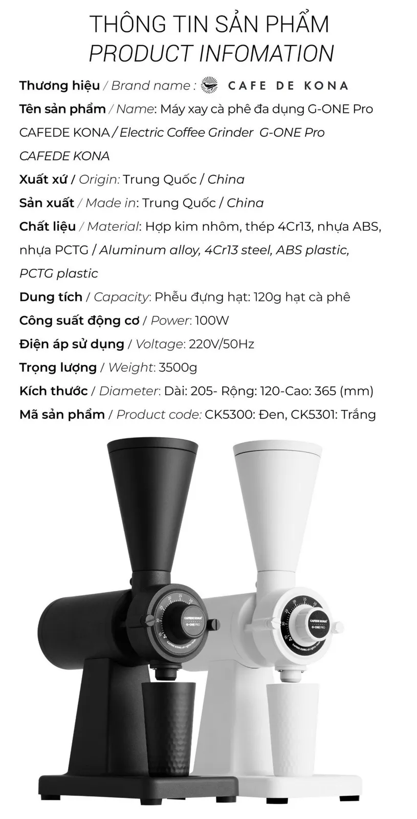 Bảng thông số máy xay cà phê G-ONE Pro CAFE DE KONA