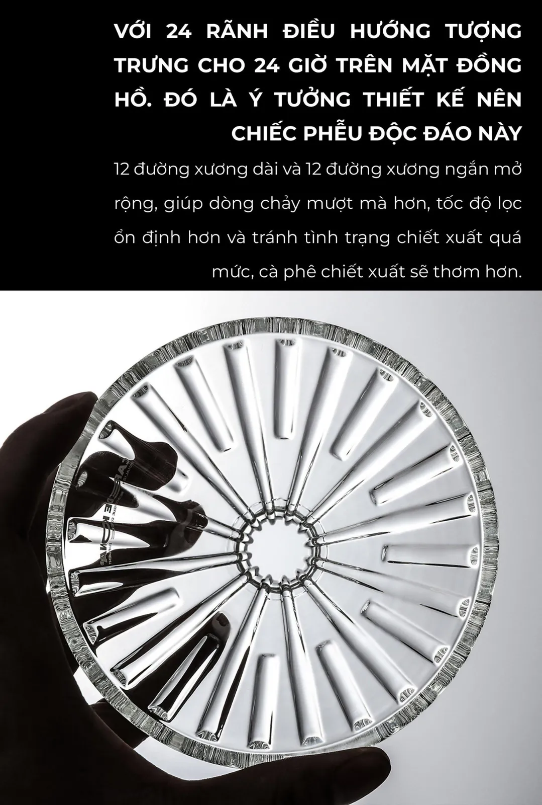 24 rãnh điều hướng dòng chảy trên phễu V60 CAFE DE KONA nhìn từ trên xuống