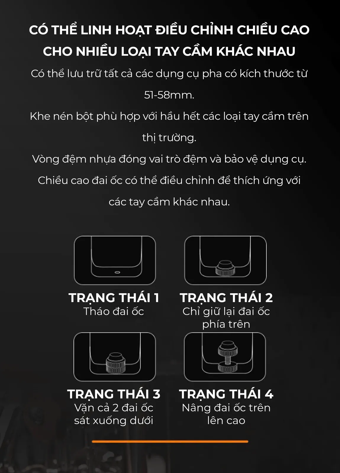 Bốn trạng thái điều chỉnh chiều cao đai ốc trên đế gỗ Feepie cho nhiều loại tay cầm khác nhau