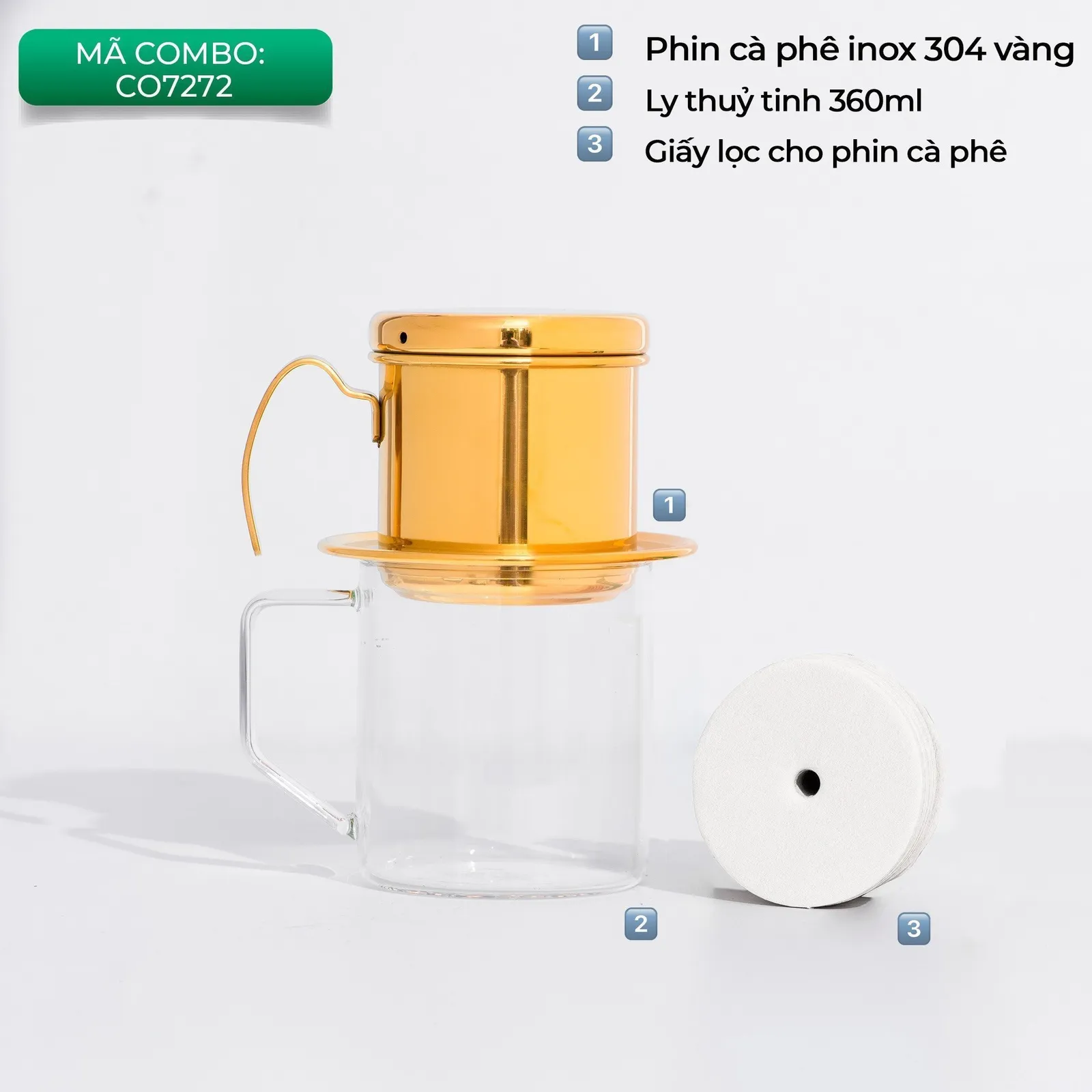 Thẻ combo mã CO7272 gồm phin cà phê inox 304 vàng ly thuỷ tinh 360ml và giấy lọc cho phin