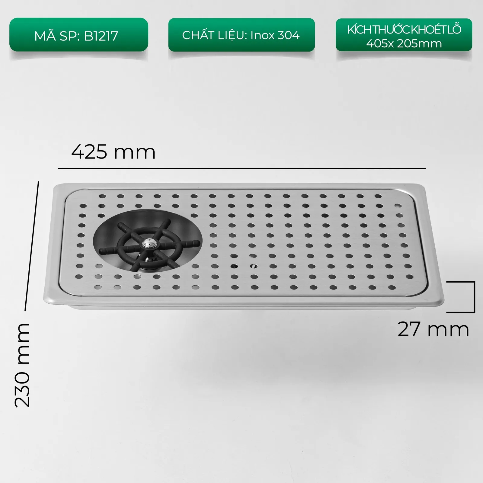Cận cảnh mặt đục lỗ thoát nước của khay rửa ca ly quầy bar âm sàn inox 304 mã B1217