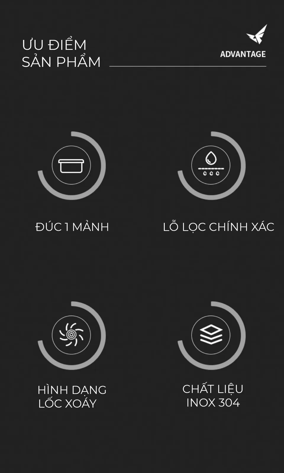 Bốn ưu điểm giỏ lọc GOW Feepie: đúc một mảnh, lỗ lọc chính xác, hình dạng lốc xoáy, inox 304
