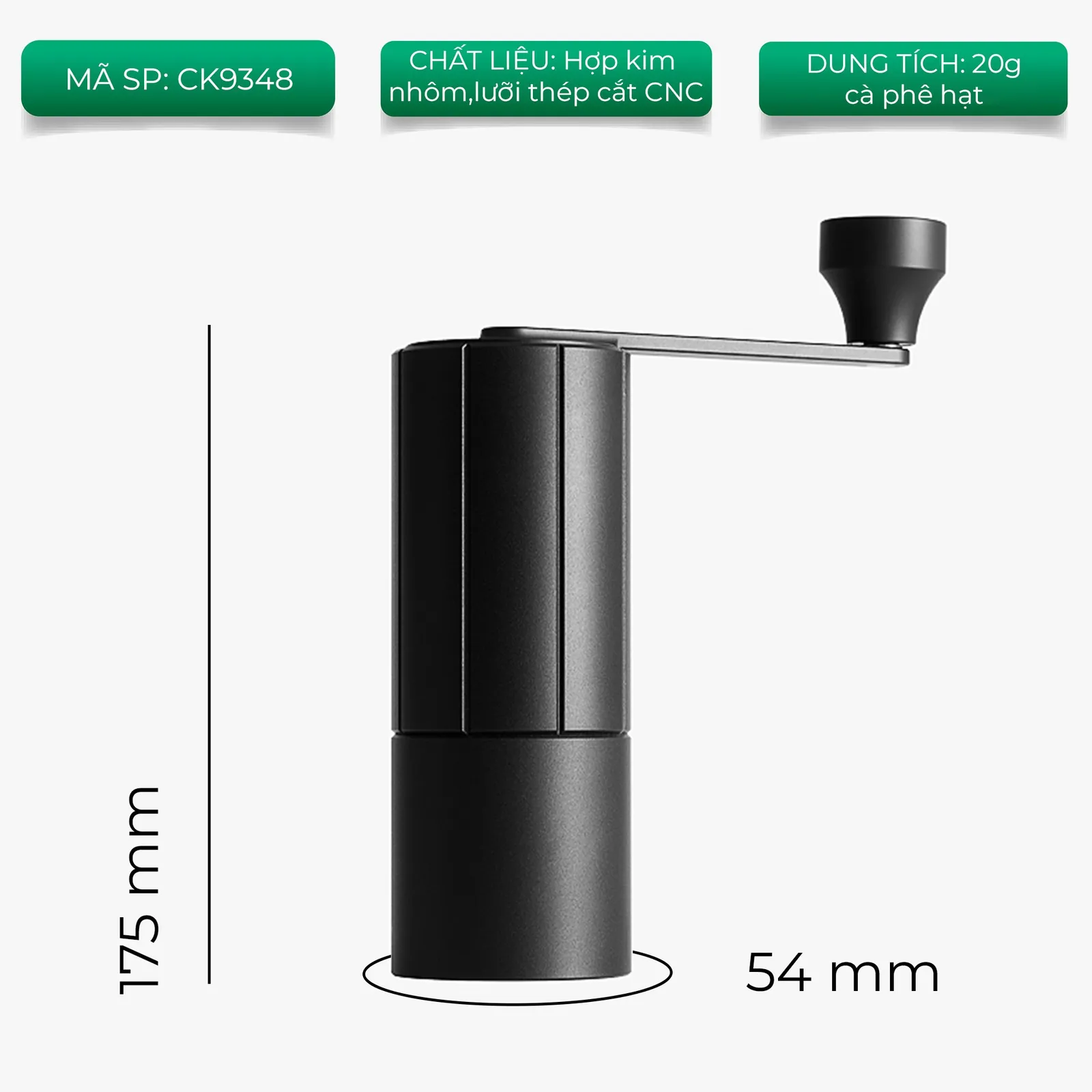 Kích thước cối xay tay M3 CAFE DE KONA cao 175mm đáy 54mm
