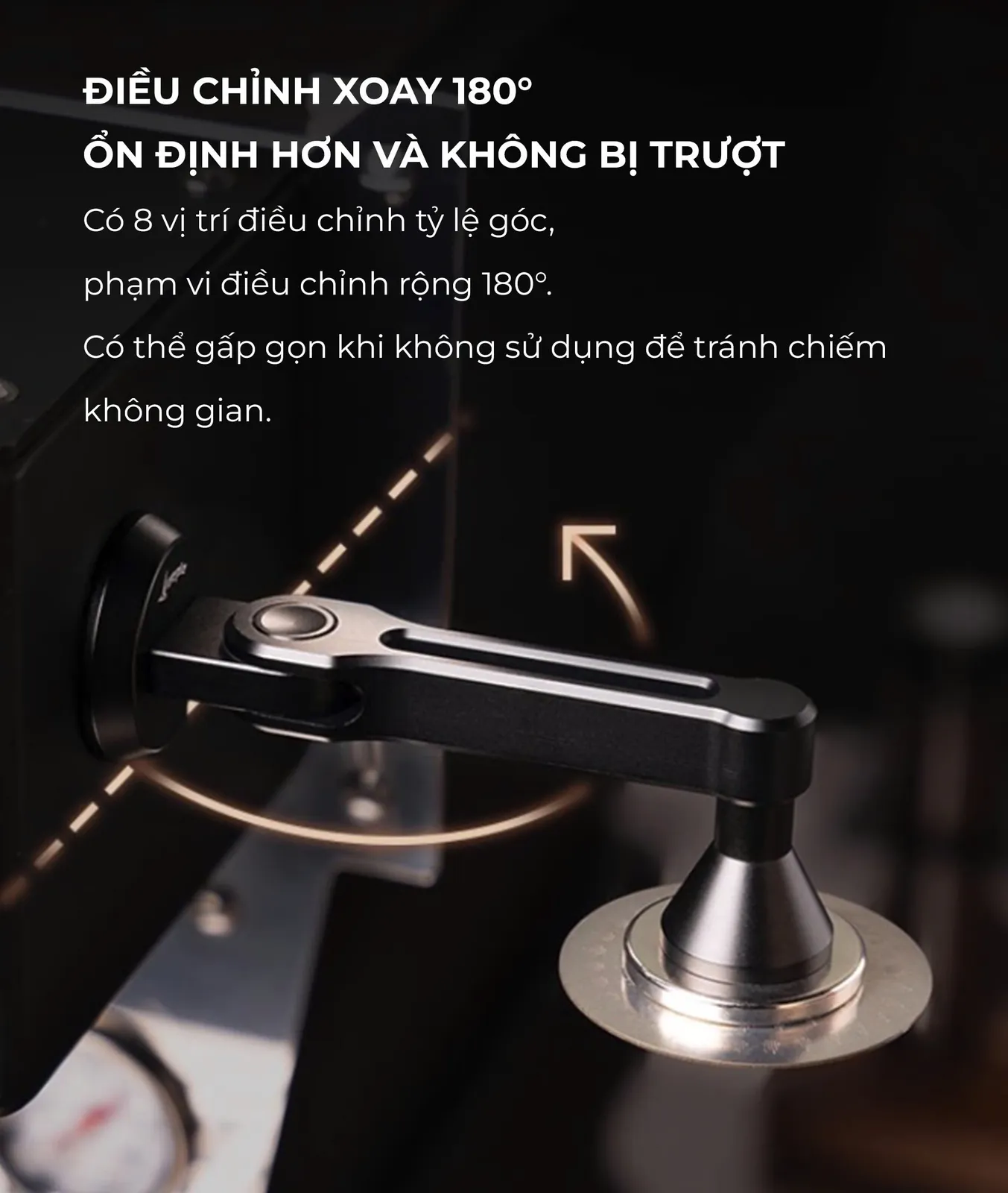 Tay nam châm Feepie điều chỉnh xoay 180 độ với 8 vị trí, gập gọn khi không dùng