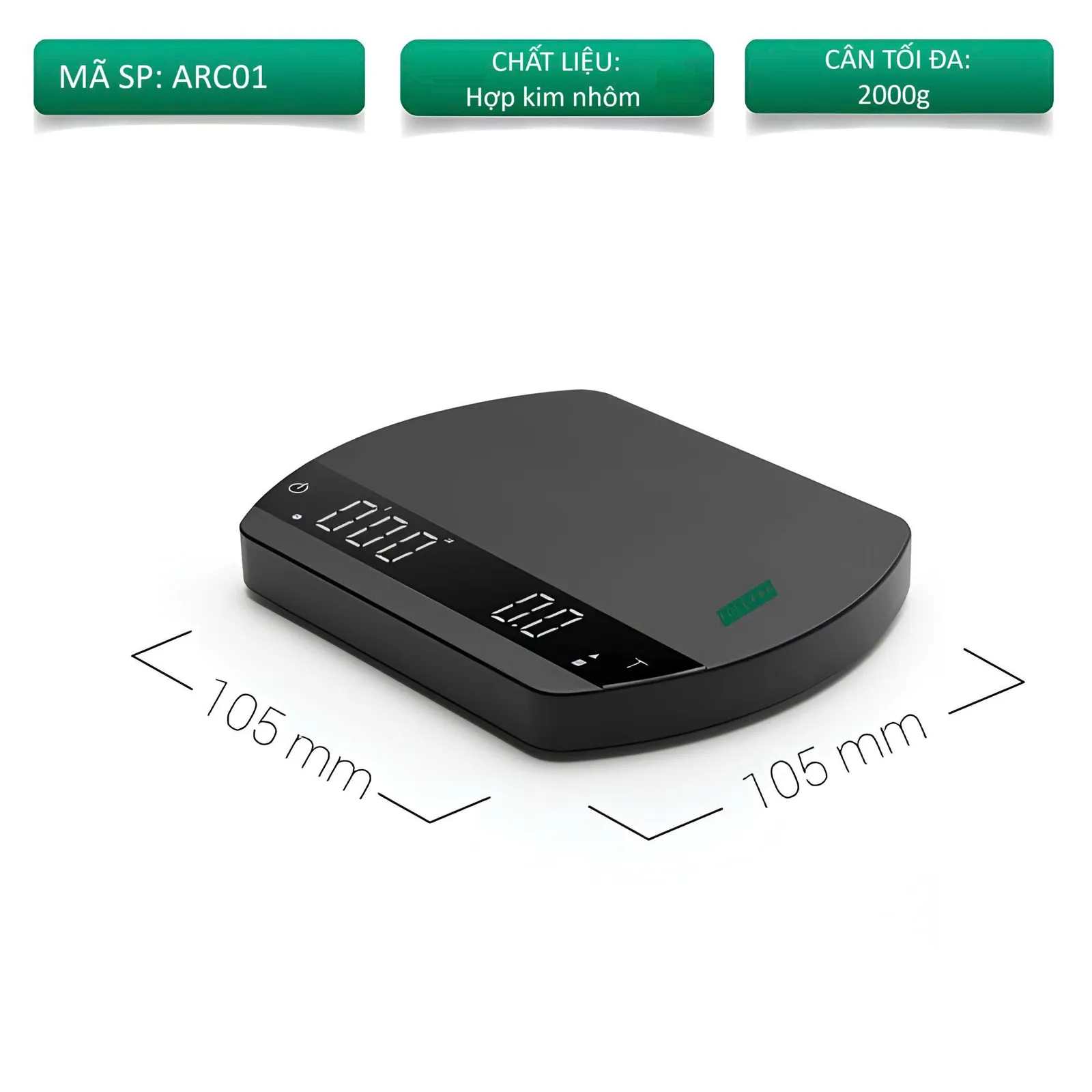 Bảng thông số cân Felicita ARC01 hợp kim nhôm cân tối đa 2000g