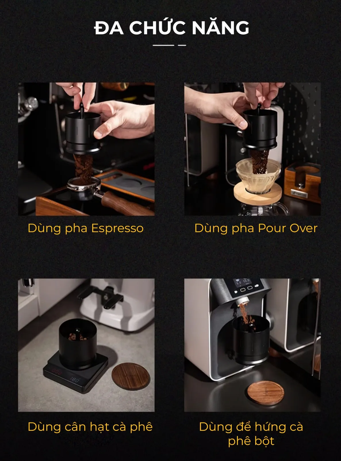 Bốn cách dùng dosing cup Feepie Wood Charm: pha espresso, pour over, cân hạt và hứng bột