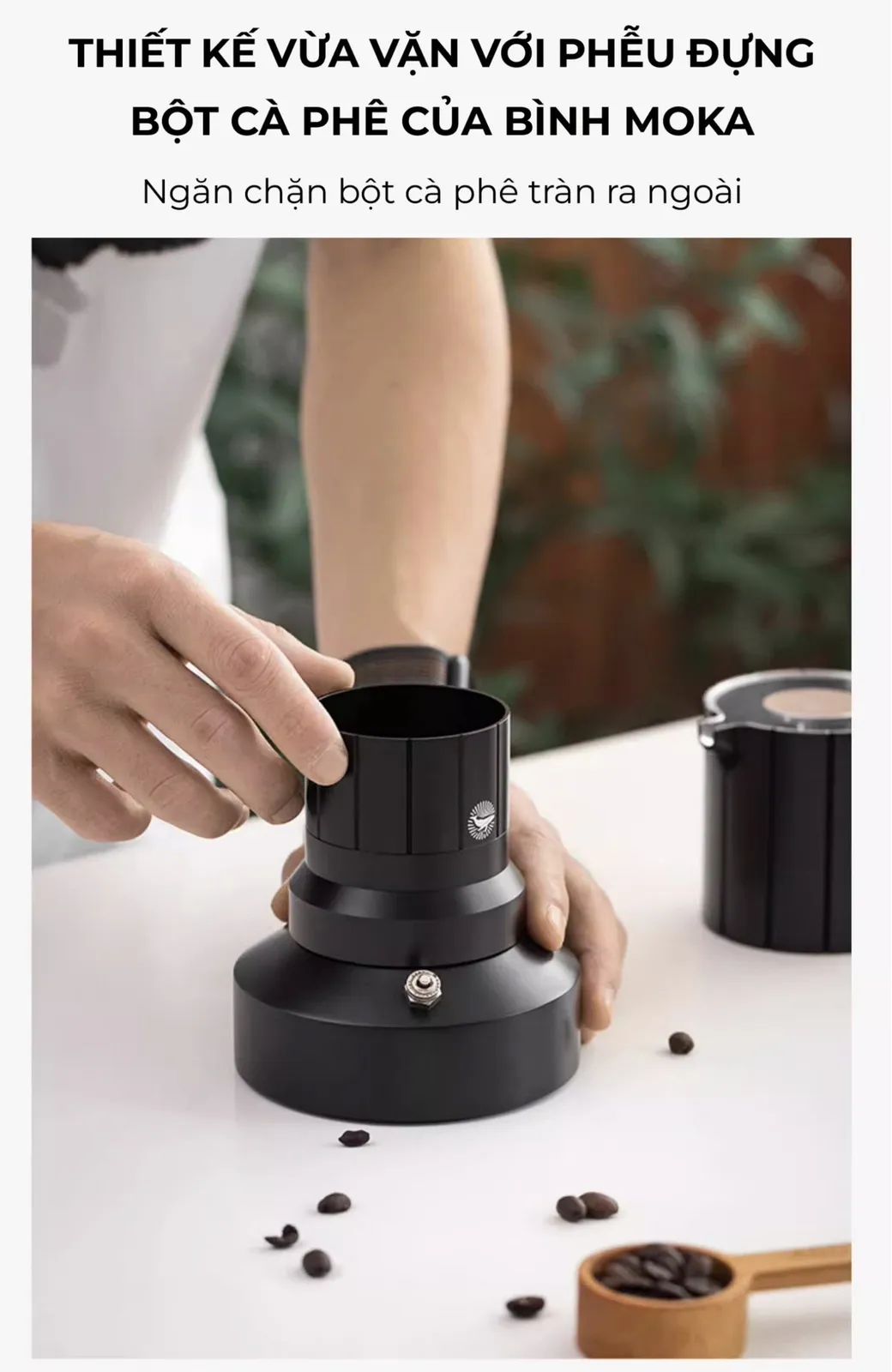Cận cảnh thân nhôm đúc nguyên khối của dụng cụ san phẳng cà phê CAFE DE KONA