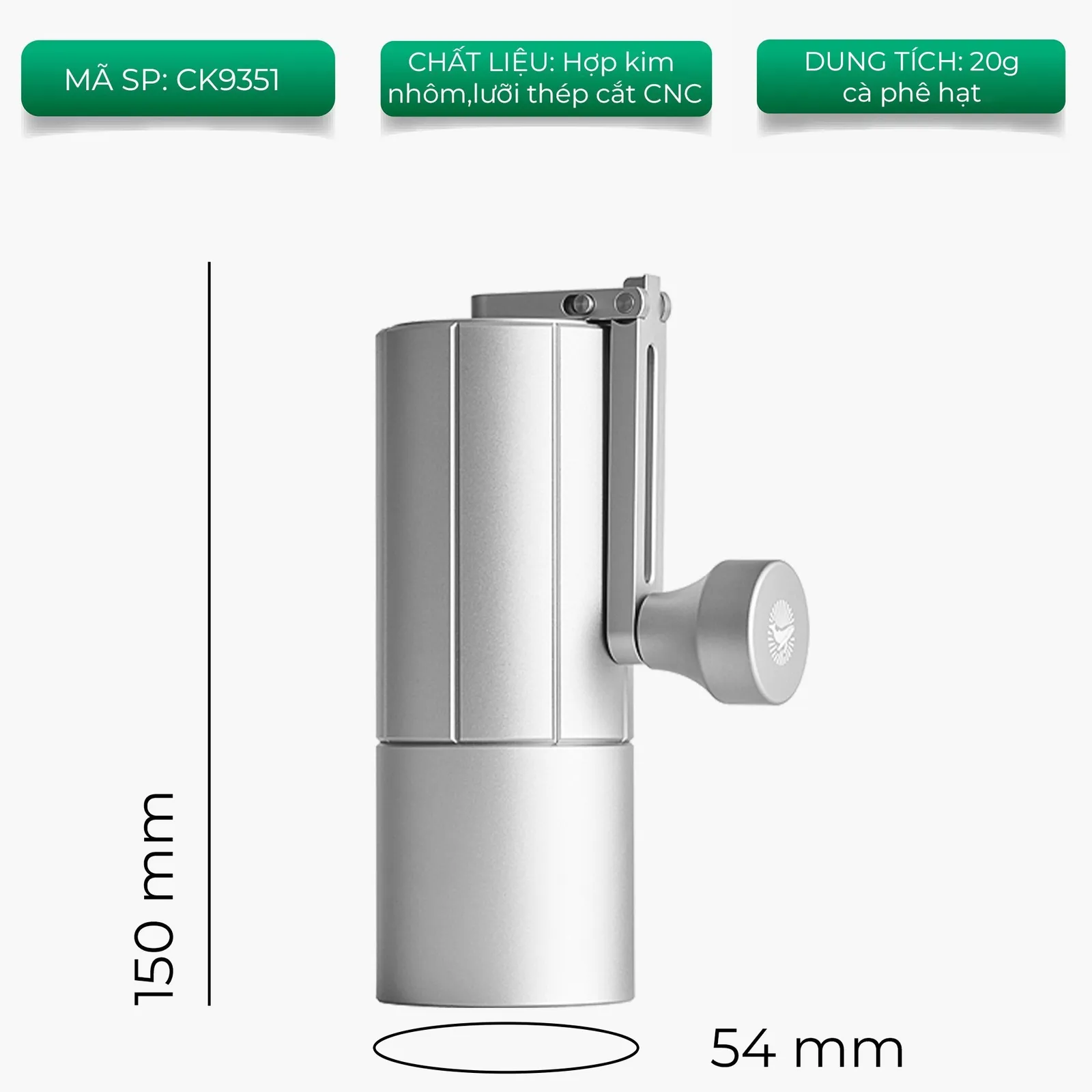 Kích thước cối xay tay M3 Pro CAFE DE KONA cao 150mm đáy 54mm