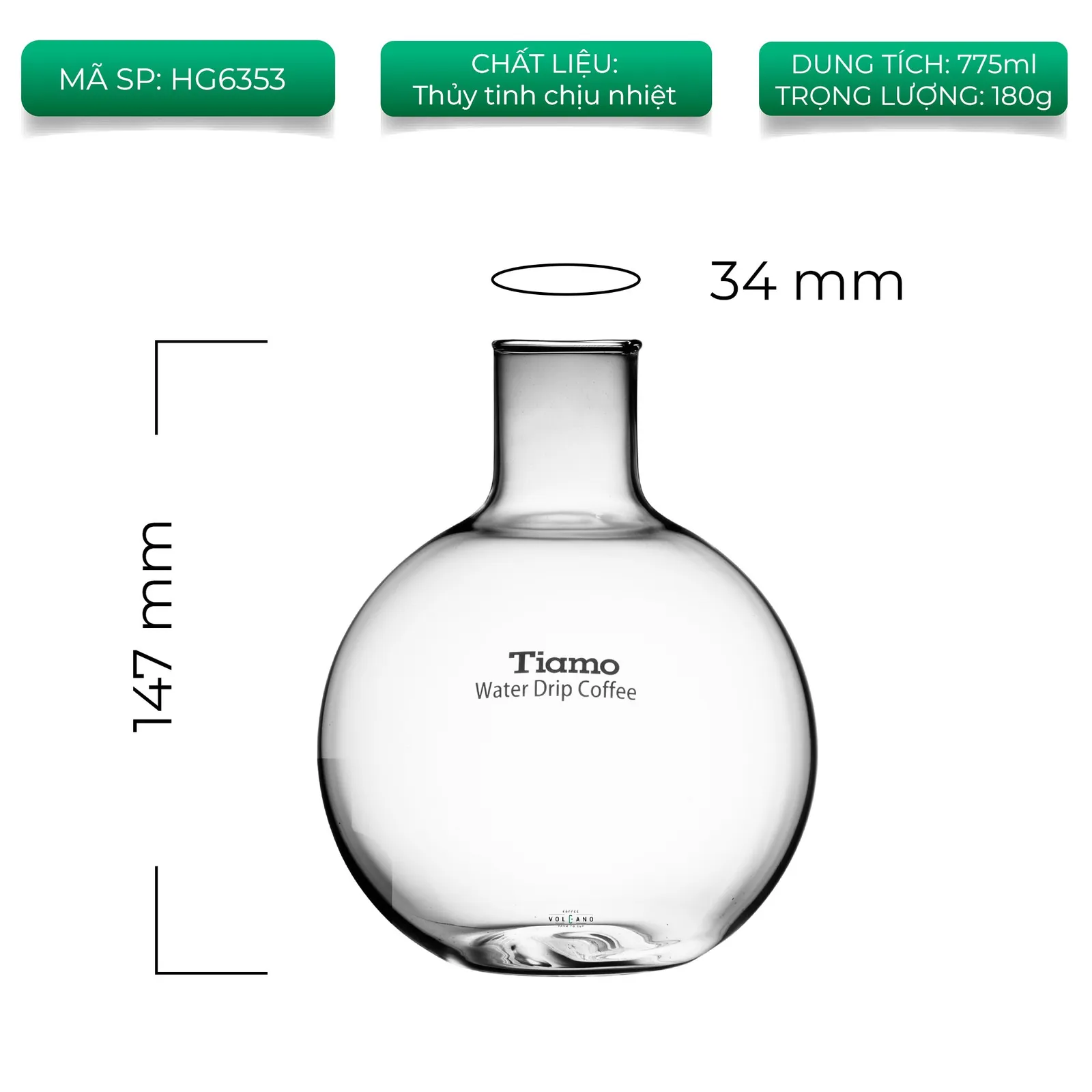 Bình thuỷ tinh hứng cà phê tháp cold drip Tiamo HG2713 mã HG6353 775ml