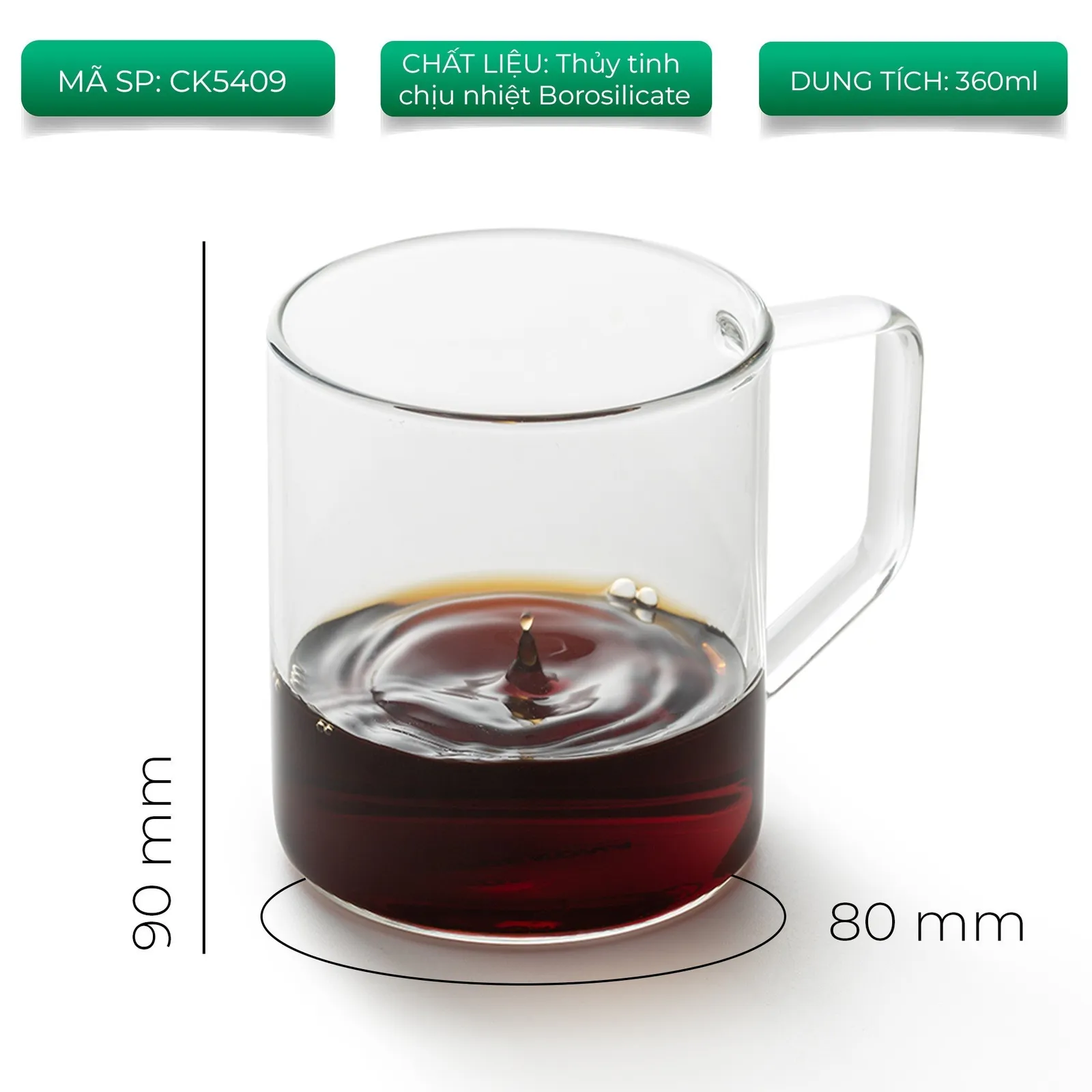 Kích thước ly thuỷ tinh CAFE DE KONA 360ml Trong suốt mã CK5409 cao 90mm đáy 80mm