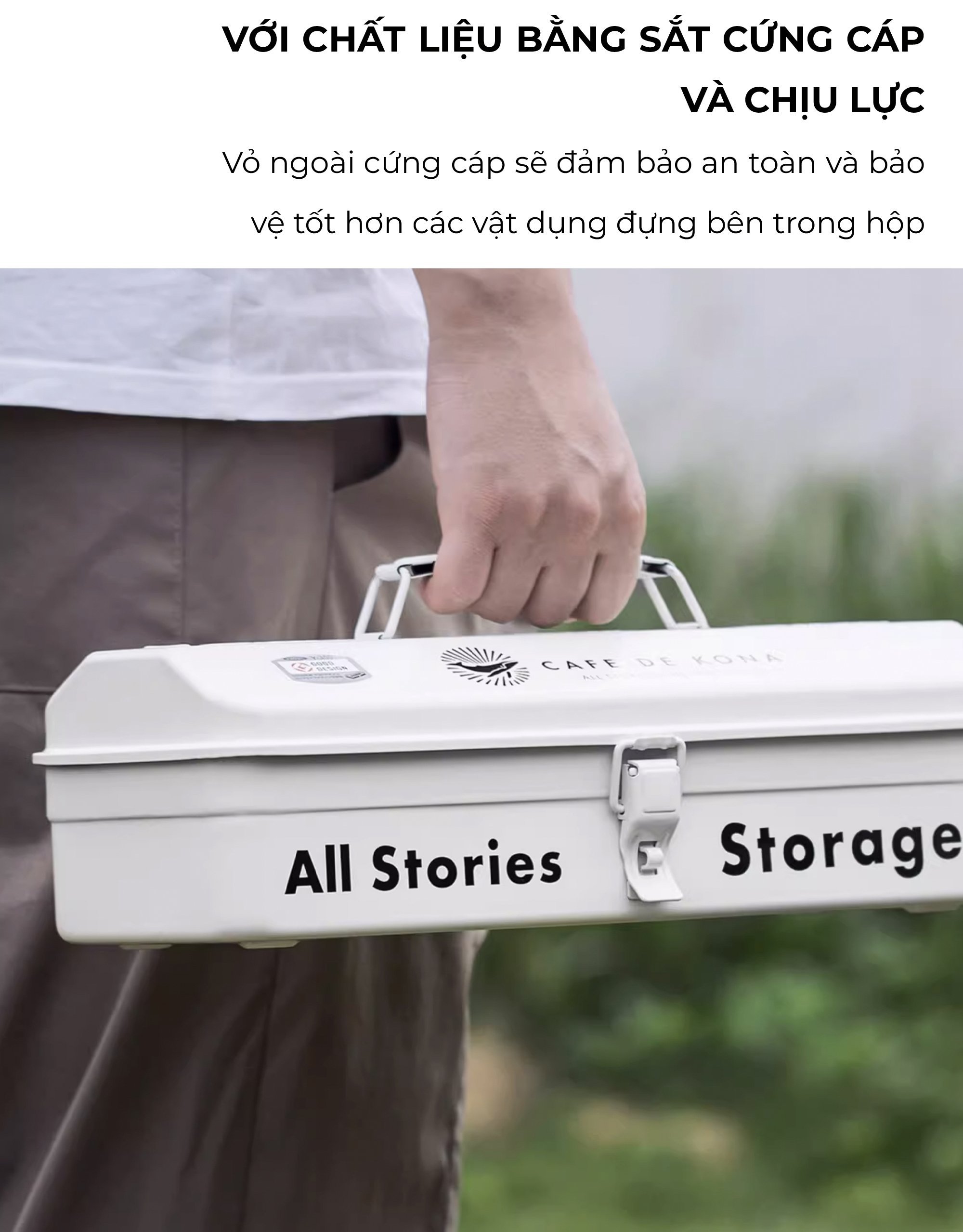 Tay xách hộp sắt CAFE DE KONA màu trắng có tem thương hiệu, thân hộp bằng sắt cứng cáp