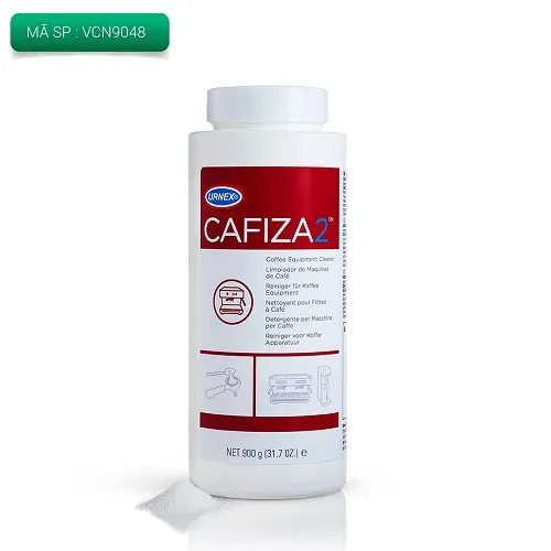 Hộp Cafiza 2 chụp trên nền gỗ cạnh cây xanh