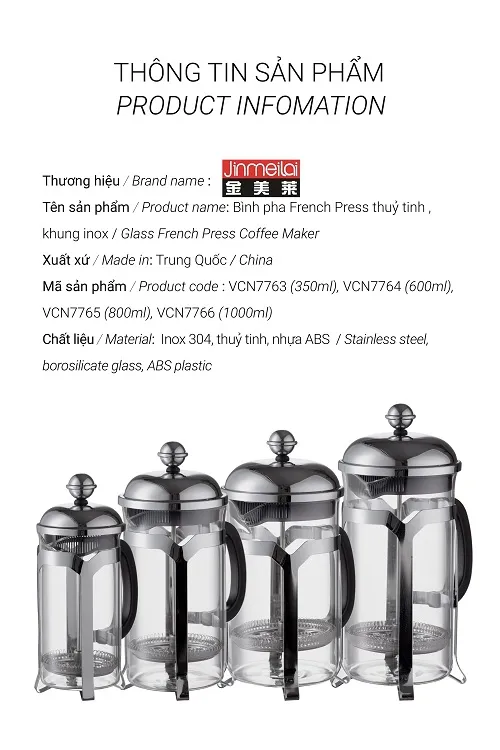 Bảng thông tin sản phẩm French Press jinmeila ghi thương hiệu xuất xứ mã hàng và chất liệu