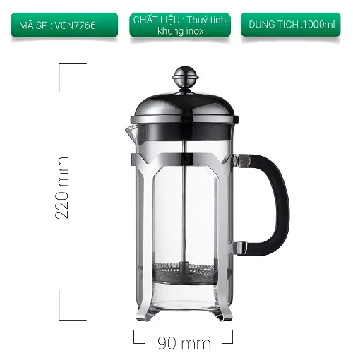 Thẻ thông số bình French Press mã VCN7766 dung tích 1000ml cao 220mm rộng 90mm