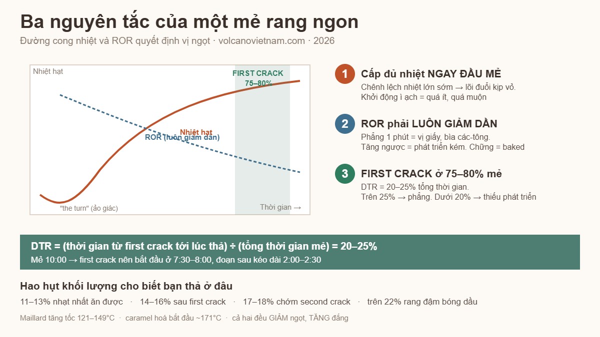 Ba nguyên tắc của mẻ rang: cấp đủ nhiệt đầu mẻ, ROR luôn giảm dần, first crack ở 75-80% tổng thời gian