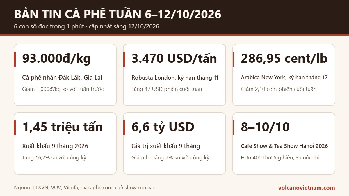 Bản tin ngành cà phê tuần 6–12/10/2026: sáu con số về giá cà phê, xuất khẩu 9 tháng và Cafe Show Hà Nội