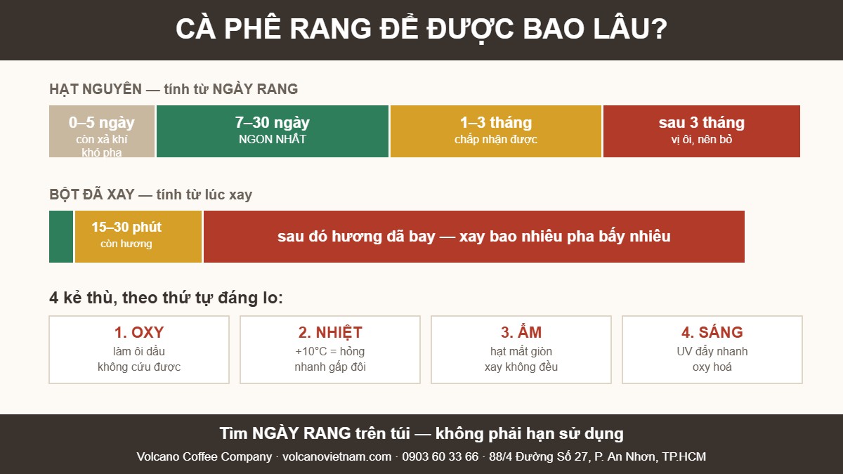 Cà phê rang để được bao lâu: hạt nguyên ngon nhất 7-30 ngày sau ngày rang, bột đã xay chỉ giữ hương 15-30 phút; bốn kẻ thù là oxy, nhiệt, ẩm và ánh sáng