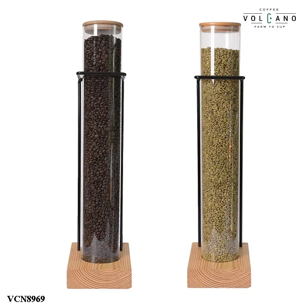Ống thuỷ tinh VCN8969 đựng đầy cà phê hạt rang trên đế gỗ