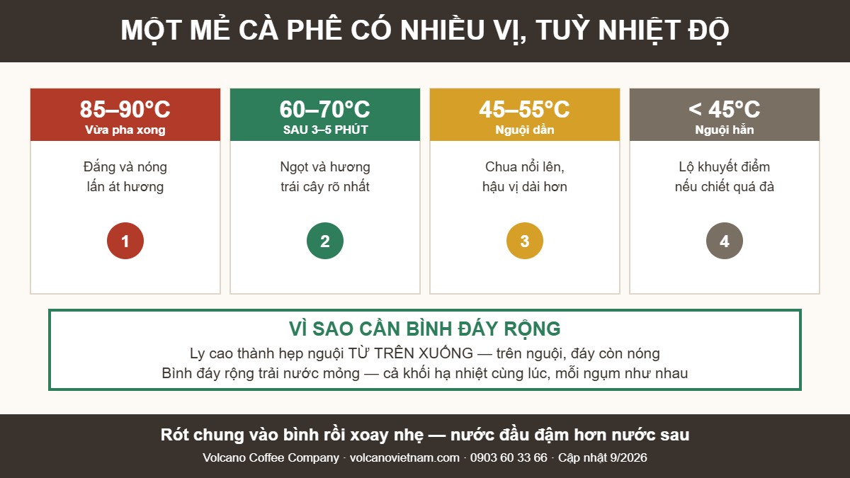 Cà phê đổi vị theo nhiệt độ: 85-90 độ C đắng lấn át hương, 60-70 độ C ngọt và hương trái cây rõ nhất, 45-55 độ C chua nổi lên; bình đáy rộng làm cả khối nước nguội đều