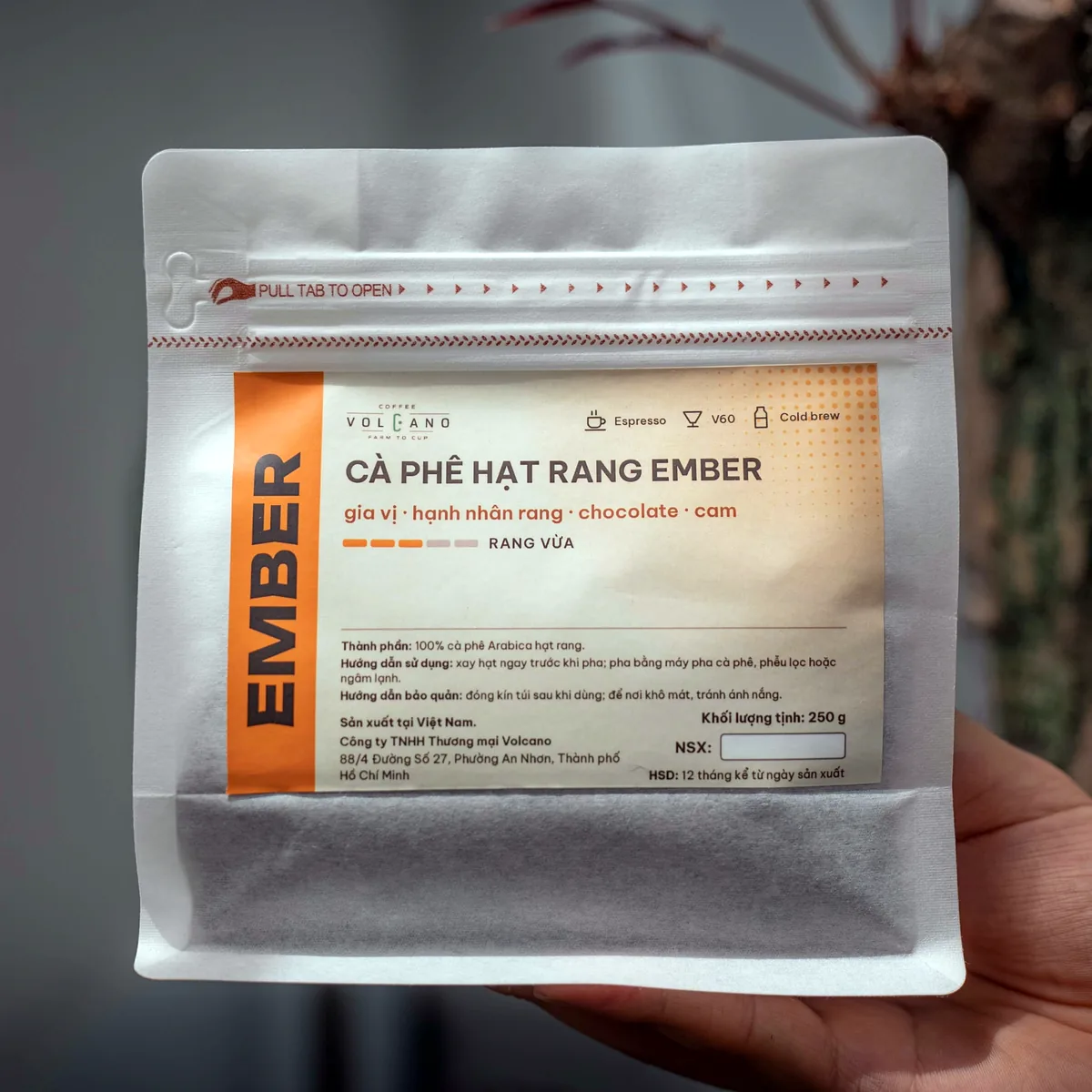 Cà phê hạt rang nguyên chất VOLCANO EMBER 250g – 100% Arabica Ethiopia Guji, pha máy espresso, V60, cold brew