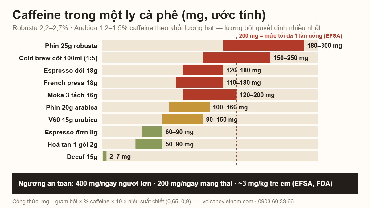Infographic caffeine trong một ly cà phê theo cách pha: phin, cold brew, espresso, V60, decaf (mg)
