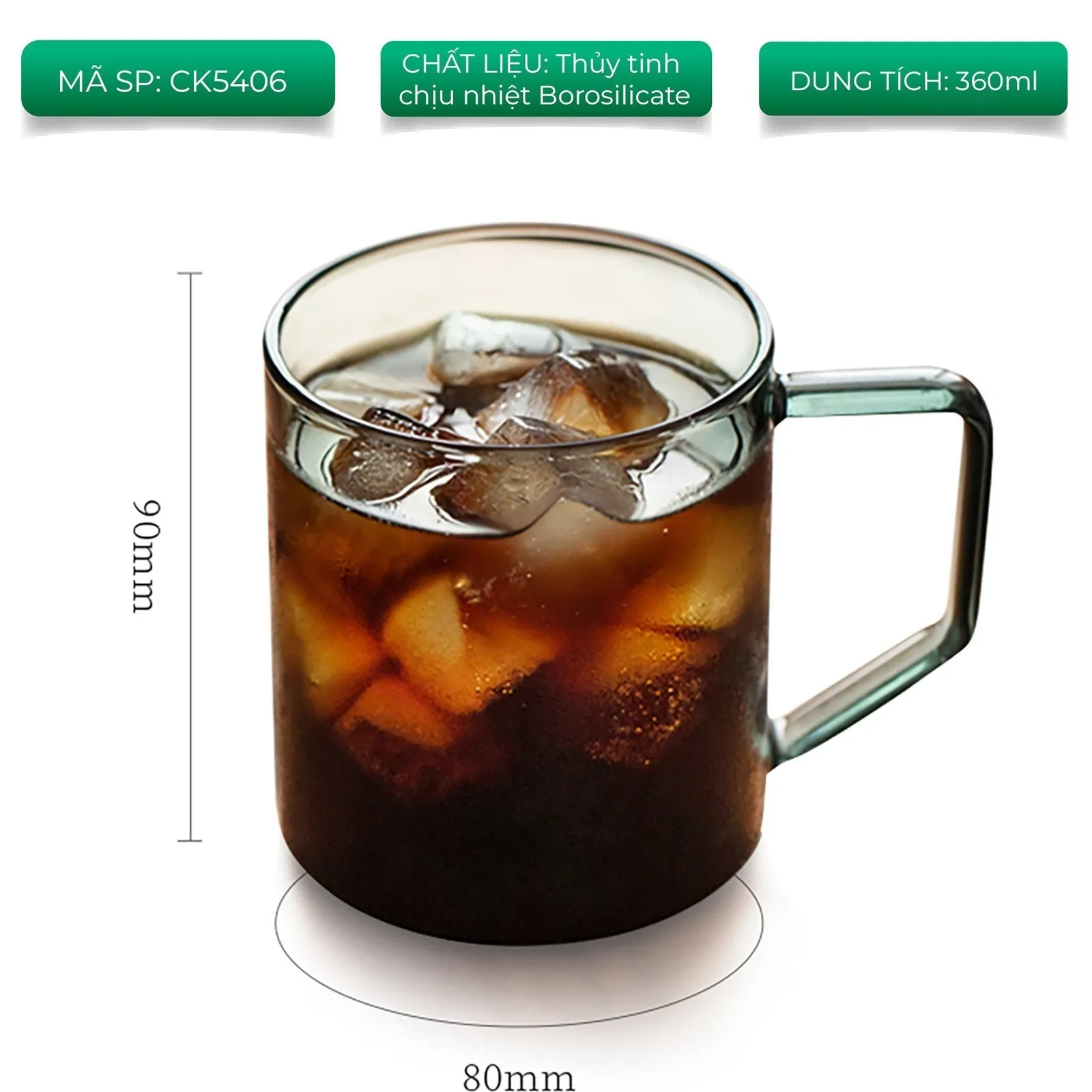 Kích thước ly thuỷ tinh CAFE DE KONA 360ml Khói mã CK5406 cao 90mm đáy 80mm
