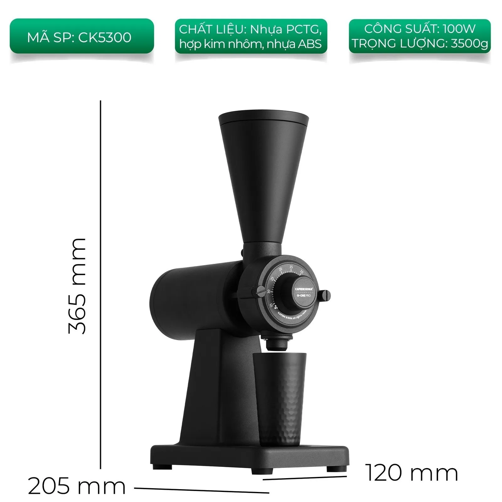 Kích thước máy xay G-ONE Pro CAFE DE KONA màu Đen mã CK5300 cao 365mm