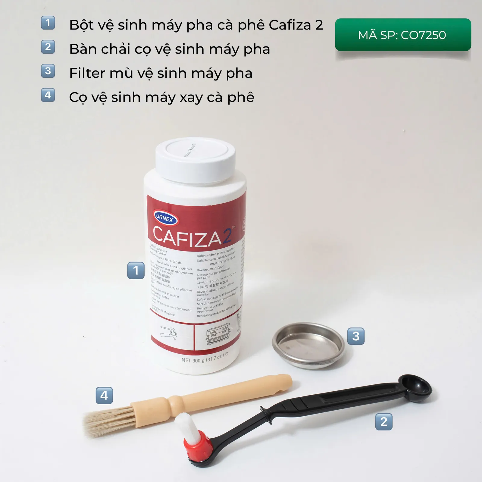 Combo CO7250 đầy đủ 4 món: bột Cafiza 2, bàn chải cọ máy pha, filter mù và cọ vệ sinh máy xay cà phê