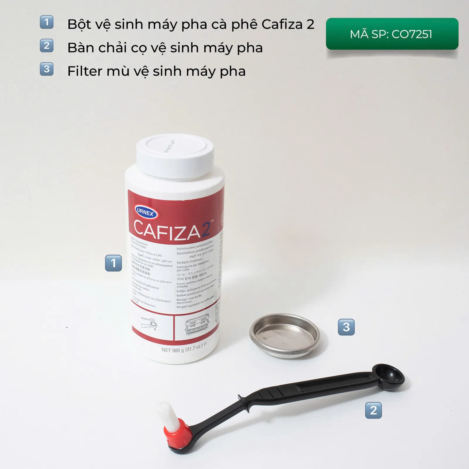 Combo CO7251 gồm 3 món: bột Cafiza 2, bàn chải cọ máy pha và filter mù vệ sinh