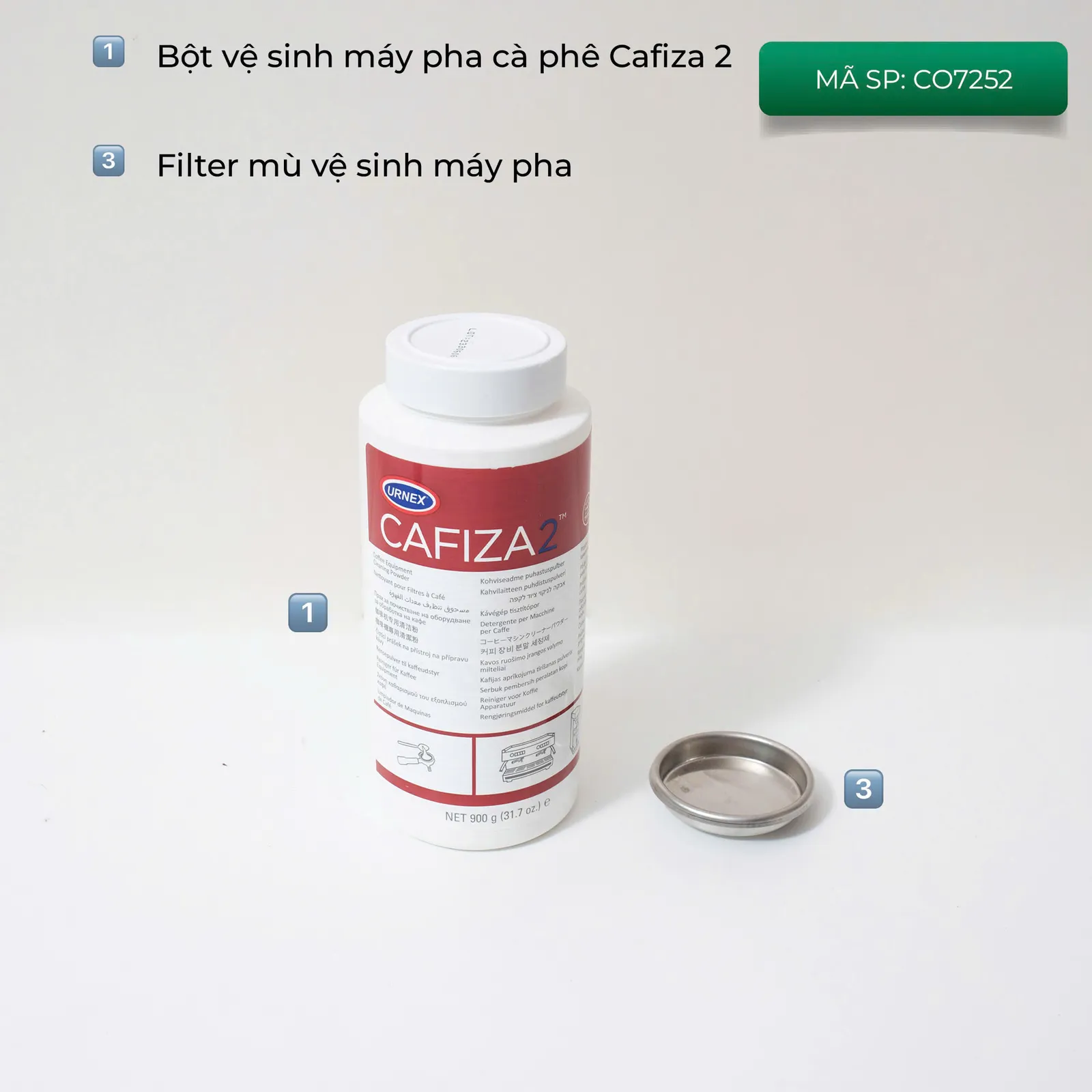 Combo CO7252 gồm 2 món: bột Cafiza 2 và filter mù vệ sinh máy pha