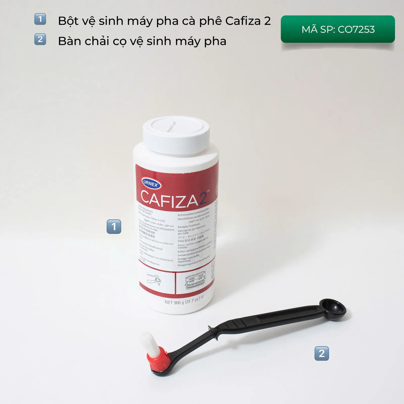 Combo CO7253 gồm 2 món: bột Cafiza 2 và bàn chải cọ vệ sinh máy pha