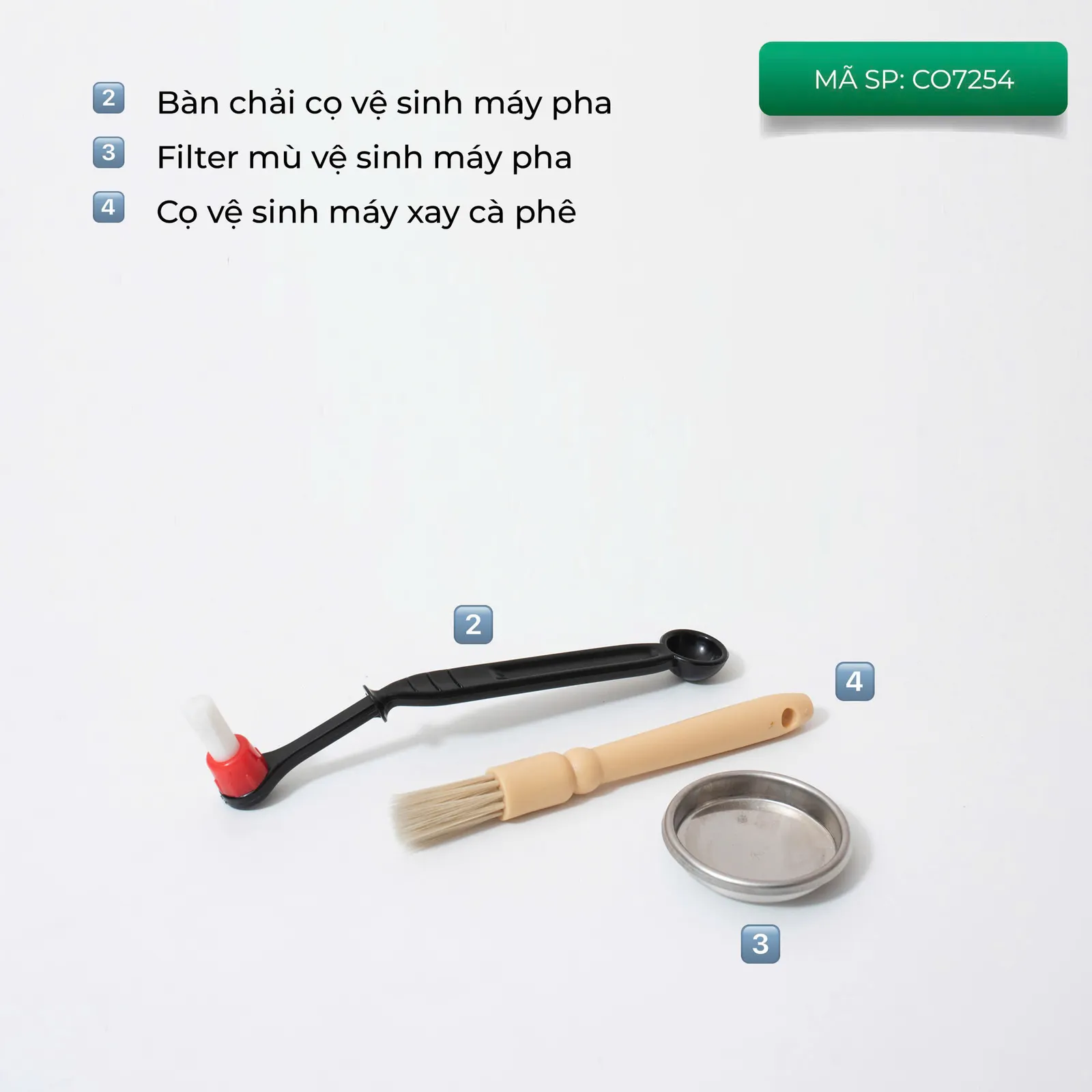 Combo CO7254 gồm bàn chải cọ máy pha, filter mù và cọ vệ sinh máy xay, không kèm bột Cafiza