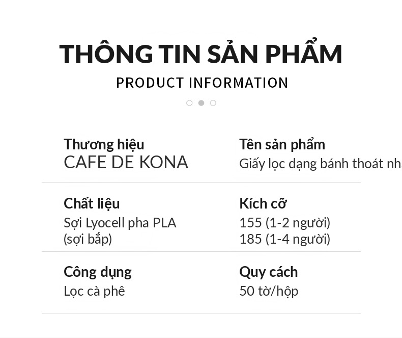 Bảng thông tin giấy lọc Wave CAFE DE KONA sợi Lyocell pha PLA 50 tờ mỗi hộp