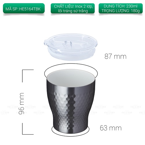Ly giữ nhiệt Tiamo HE5164TBK màu đen dung tích 230ml hoa văn tổ ong