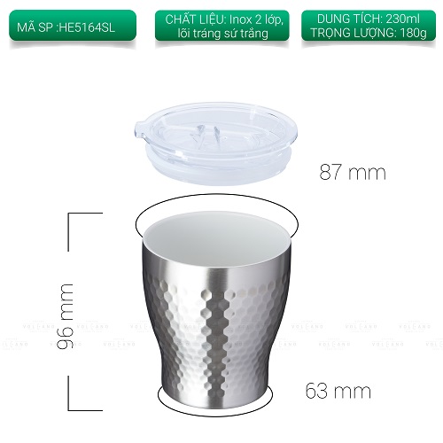 Ly giữ nhiệt Tiamo HE5164SL màu bạc dung tích 230ml hoa văn tổ ong