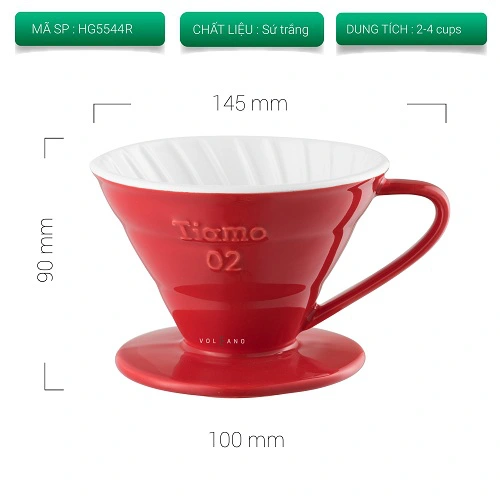 Phễu sứ Tiamo V60 size 02 màu đỏ mã HG5544R với kích thước miệng 145mm, cao 90mm, đế 100mm