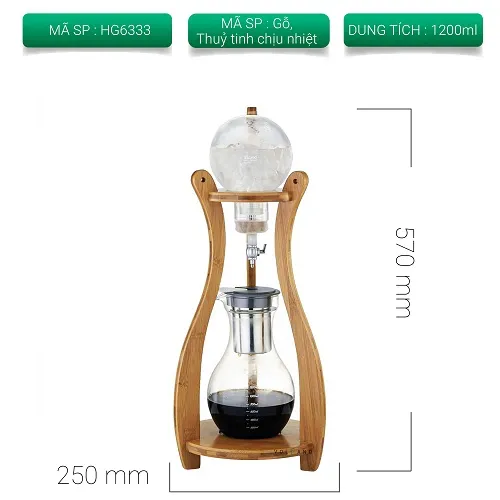 Kích thước bộ cold drip Tiamo HG6333 cao 570mm đế 250mm dung tích 1200ml