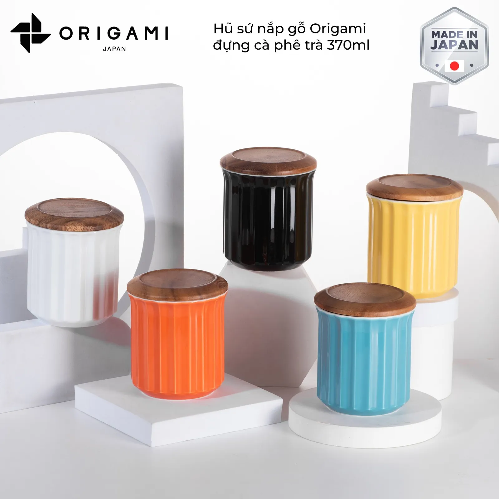 Hũ lọ sứ nắp gỗ Origami 370ml đủ 5 màu trắng vàng cam xanh ngọc đen