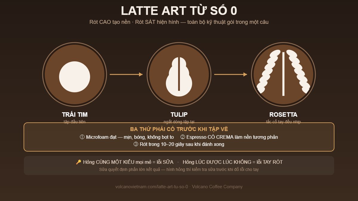 Ba hình latte art cơ bản: trái tim, tulip và rosetta, kèm ba điều kiện bắt buộc trước khi tập vẽ