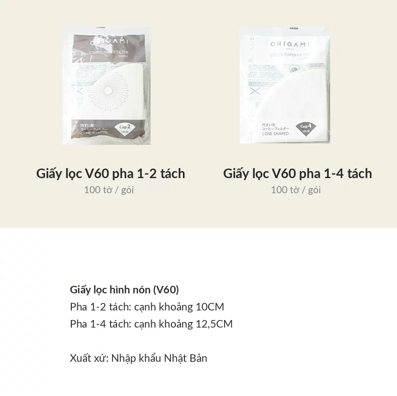 Bảng size giấy lọc V60 Origami - size 01 pha 1-2 tách cạnh 10cm, size 02 pha 1-4 tách cạnh 12,5cm, 100 tờ mỗi gói, nhập khẩu Nhật Bản