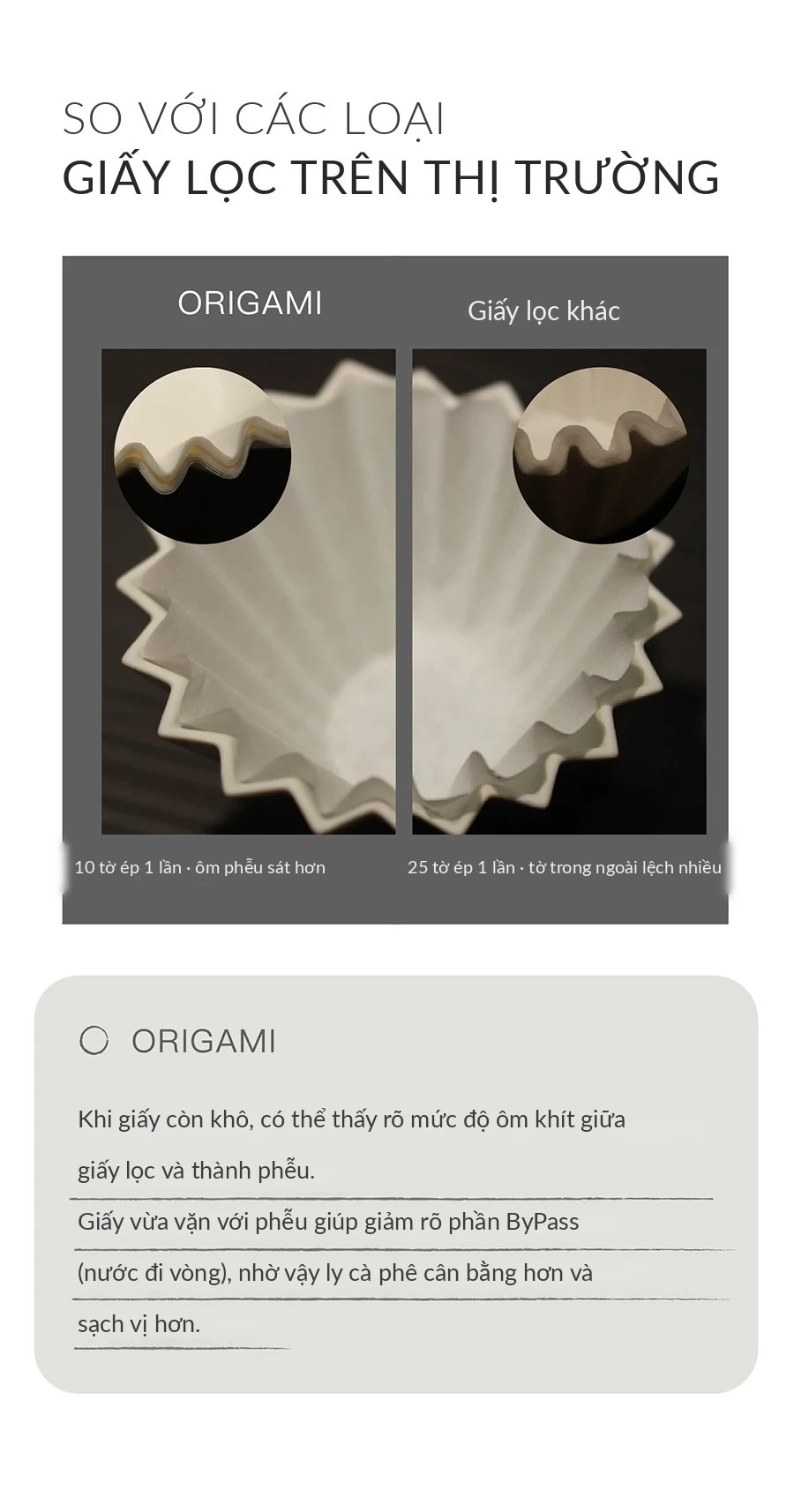 So sánh giấy lọc Wave Origami với giấy lọc khác: ép 10 tờ một lần nên ôm phễu sát hơn