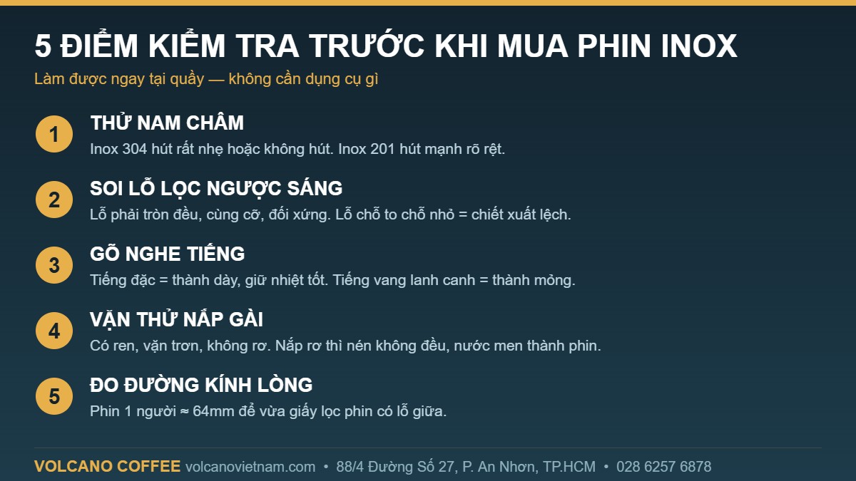 5 điểm kiểm tra trước khi mua phin cà phê inox 304