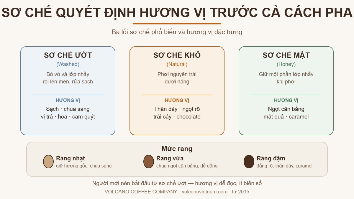 Ba lối sơ chế cà phê washed natural honey và ba mức rang nhạt vừa đậm