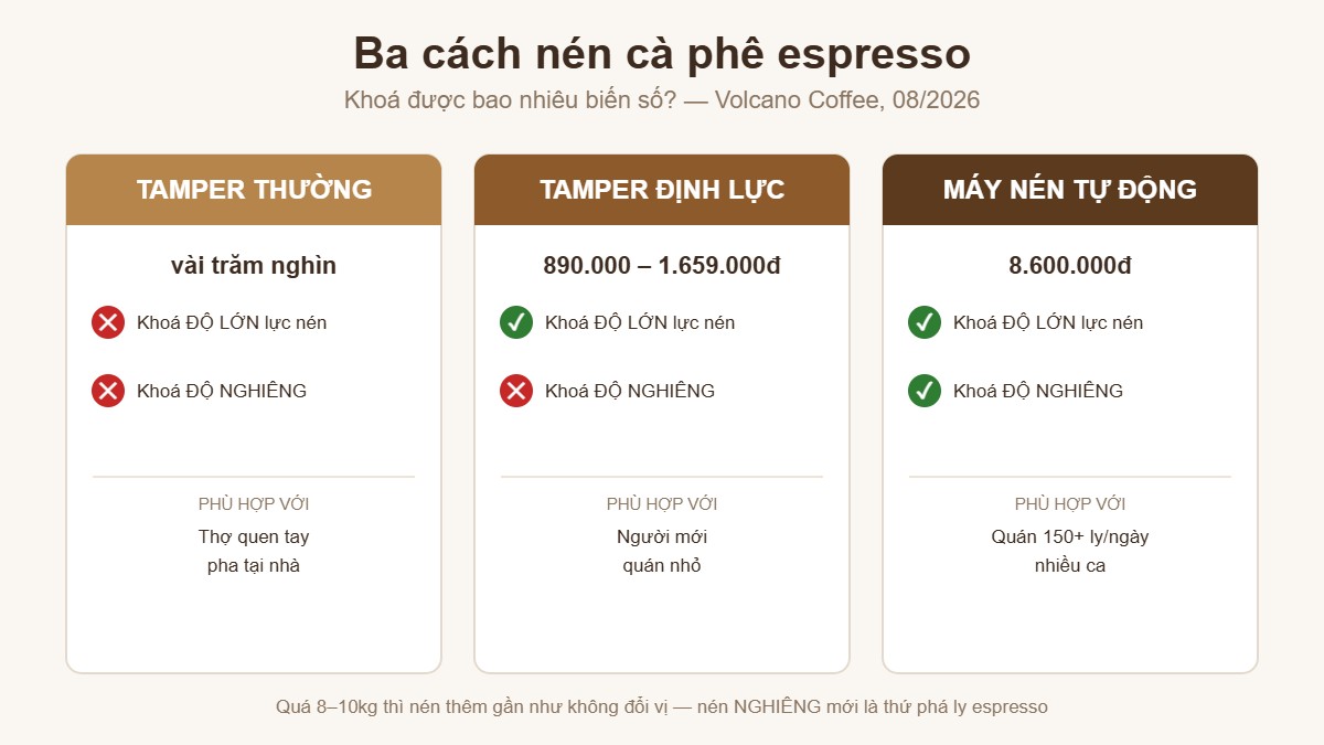 So sánh tamper thường, tamper định lực và máy nén cà phê tự động