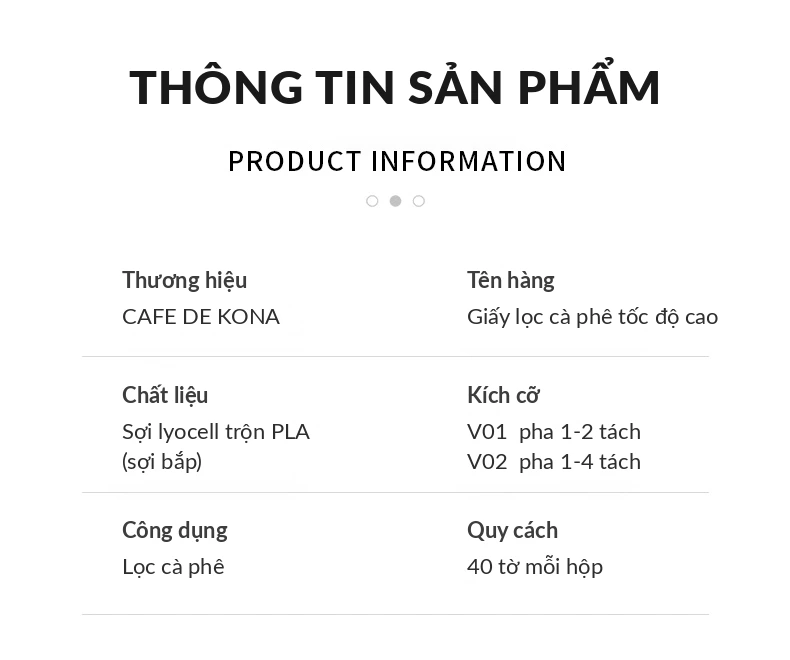 Thông tin giấy lọc V60 CAFE DE KONA: sợi lyocell trộn PLA, 40 tờ mỗi hộp