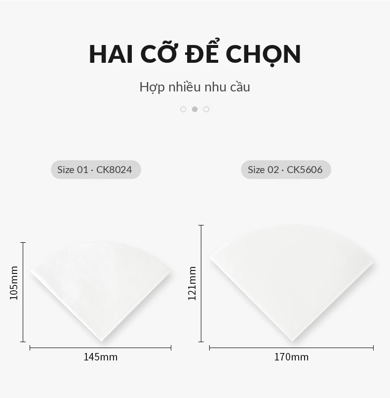 Kích thước giấy lọc V60 CAFE DE KONA: size 01 CK8024 105 x 145mm, size 02 CK5606 121 x 170mm