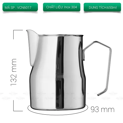 Ca đánh sữa Motta VCN6017 dung tích 650ml cao 132mm đáy rộng 93mm inox 304